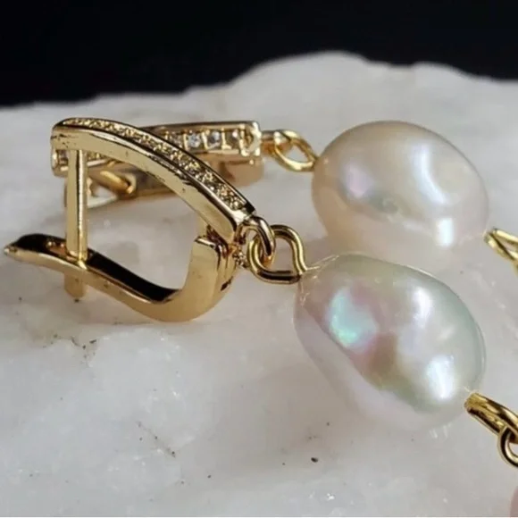 Gold Plated Genuine Freshwater Pearl Earrings with White Topaz Stones - Picture 6 of 7